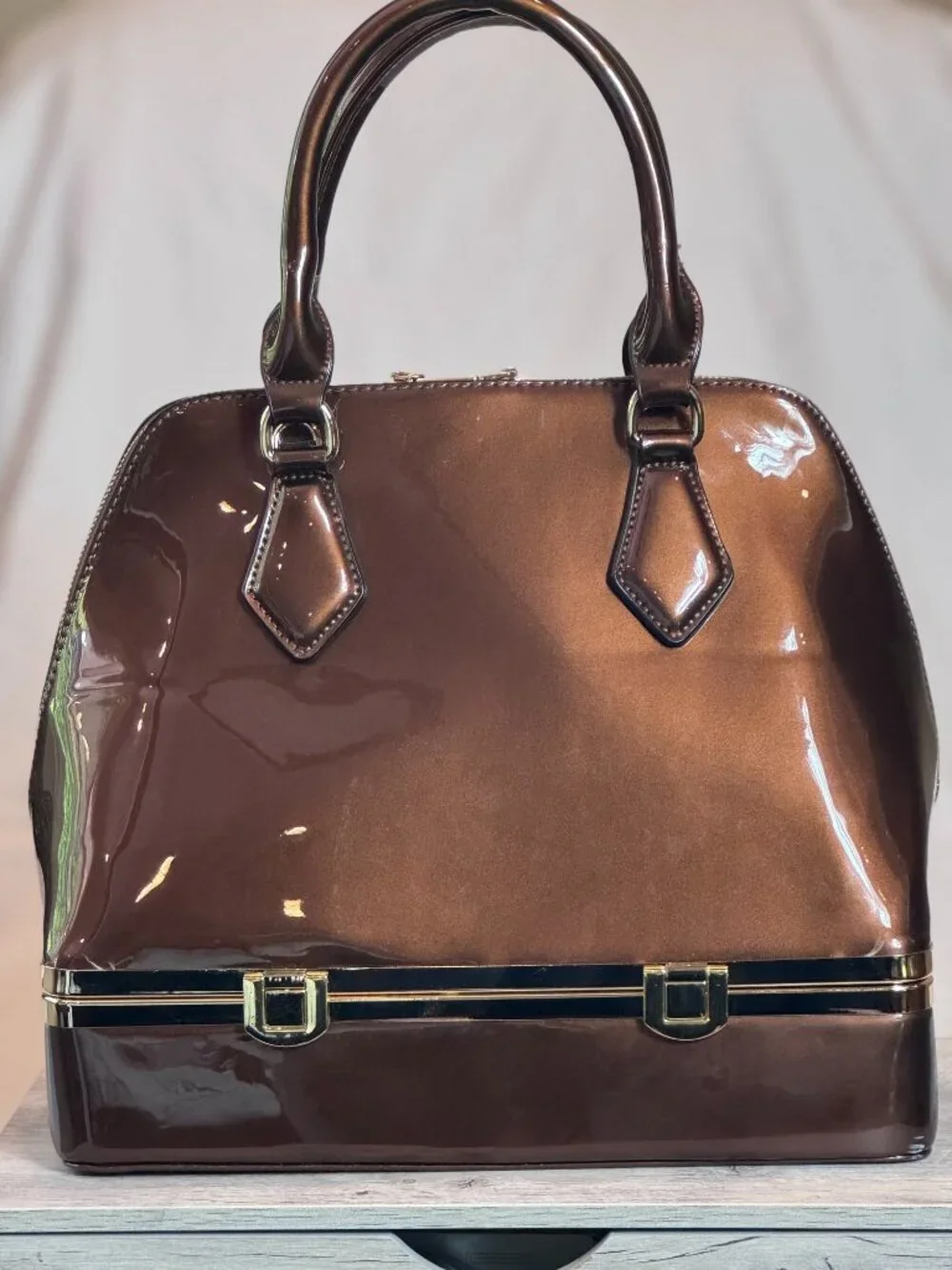 Brown Patent Leather Doctor Satchel Structured Top Handle Vintage Style Handbag